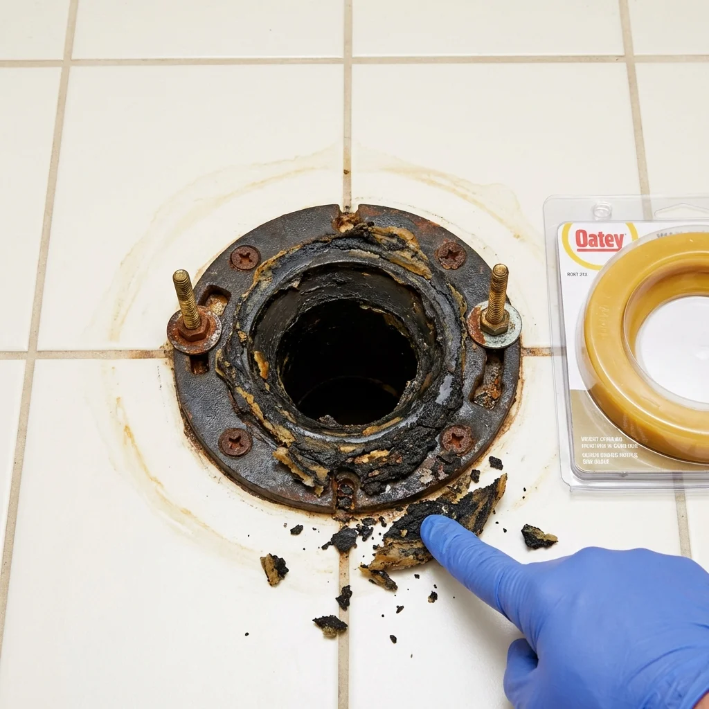 Failed wax ring showing water seepage at the base of a toilet in a Danvers, MA home